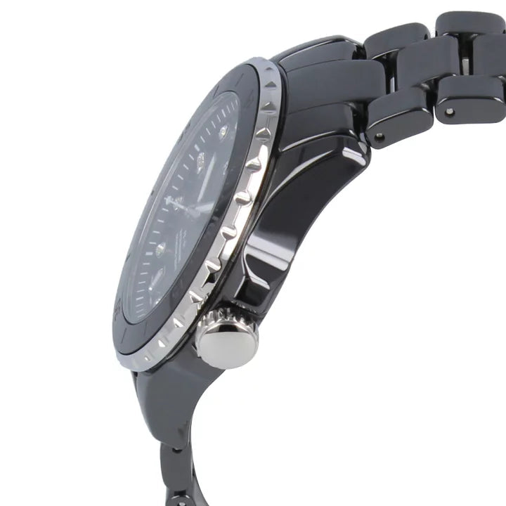 Side profile of Fossil FB-01 watch showing ceramic band and case depth