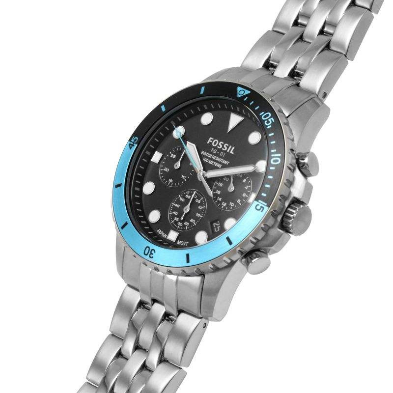Angled view of Fossil FB-01 chronograph with black dial and blue rotating bezel