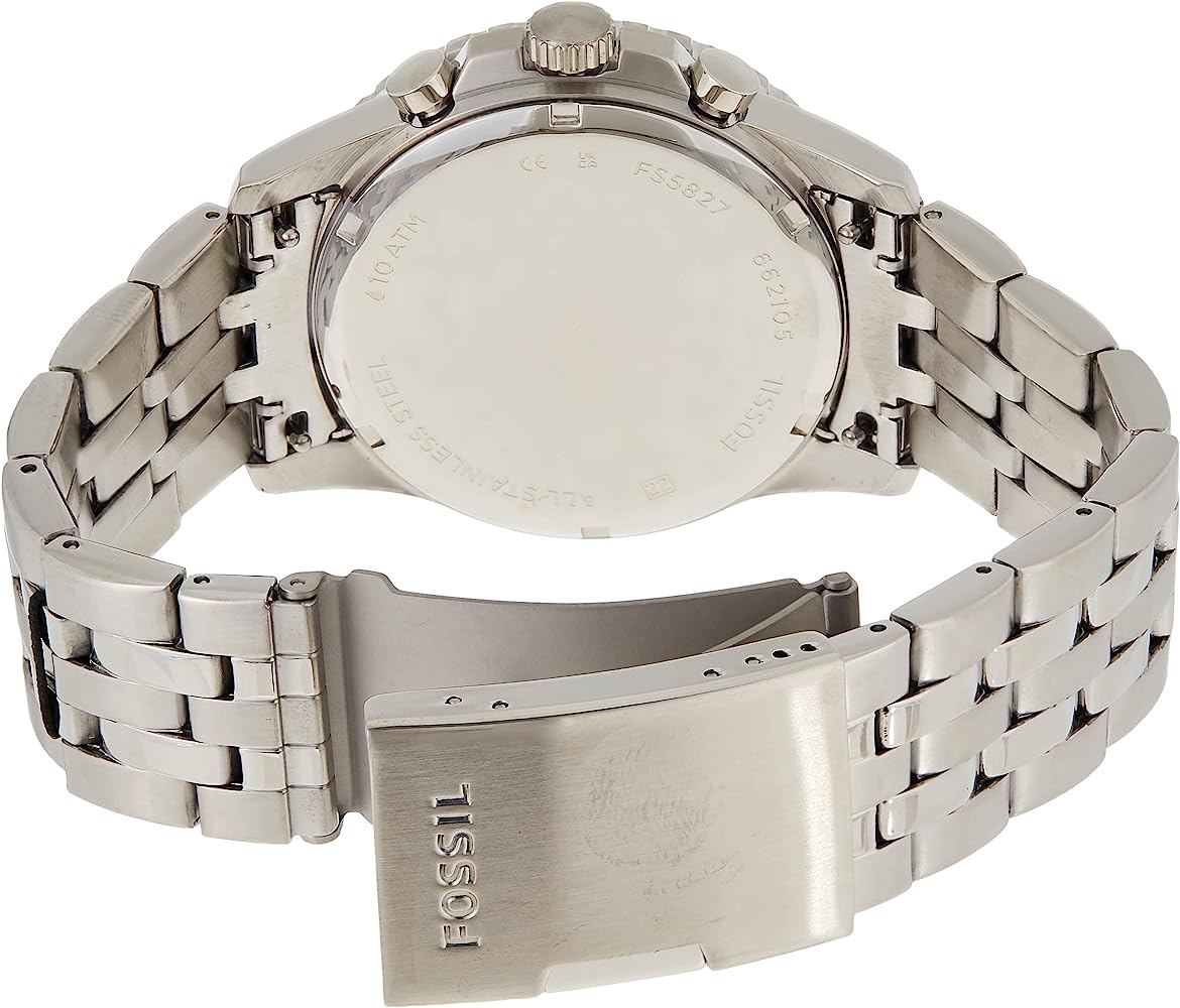 Caseback of Fossil FB-01 watch showing stainless steel construction