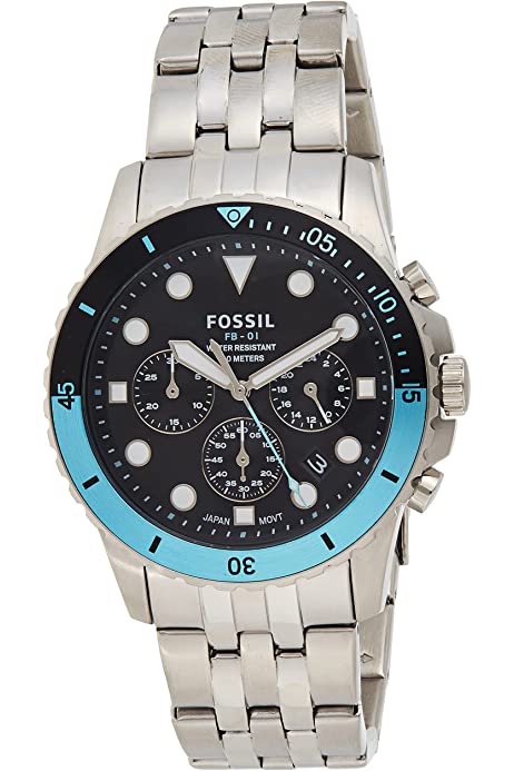 Fossil FB-01 chronograph watch with black dial, blue bezel, and stainless steel bracelet