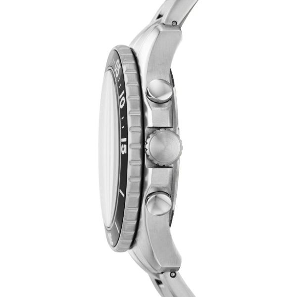 Side view of Fossil FB-01 watch showing chronograph pushers and stainless steel case