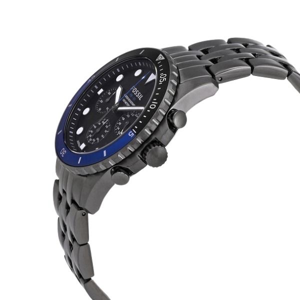 Fossil FB-01 chronograph at angle showing blue bezel and gunmetal steel bracelet