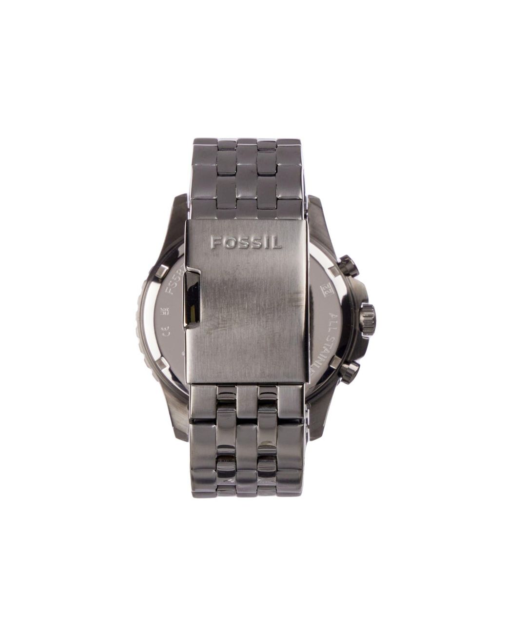 Fossil FB-01 chronograph caseback showing stainless steel and branding