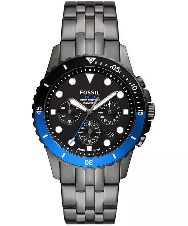 Fossil FB-01 chronograph watch with black dial and blue rotating bezel