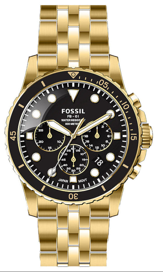 Fossil FB-01 chronograph watch with black dial, three subdials, and gold-tone bracelet
