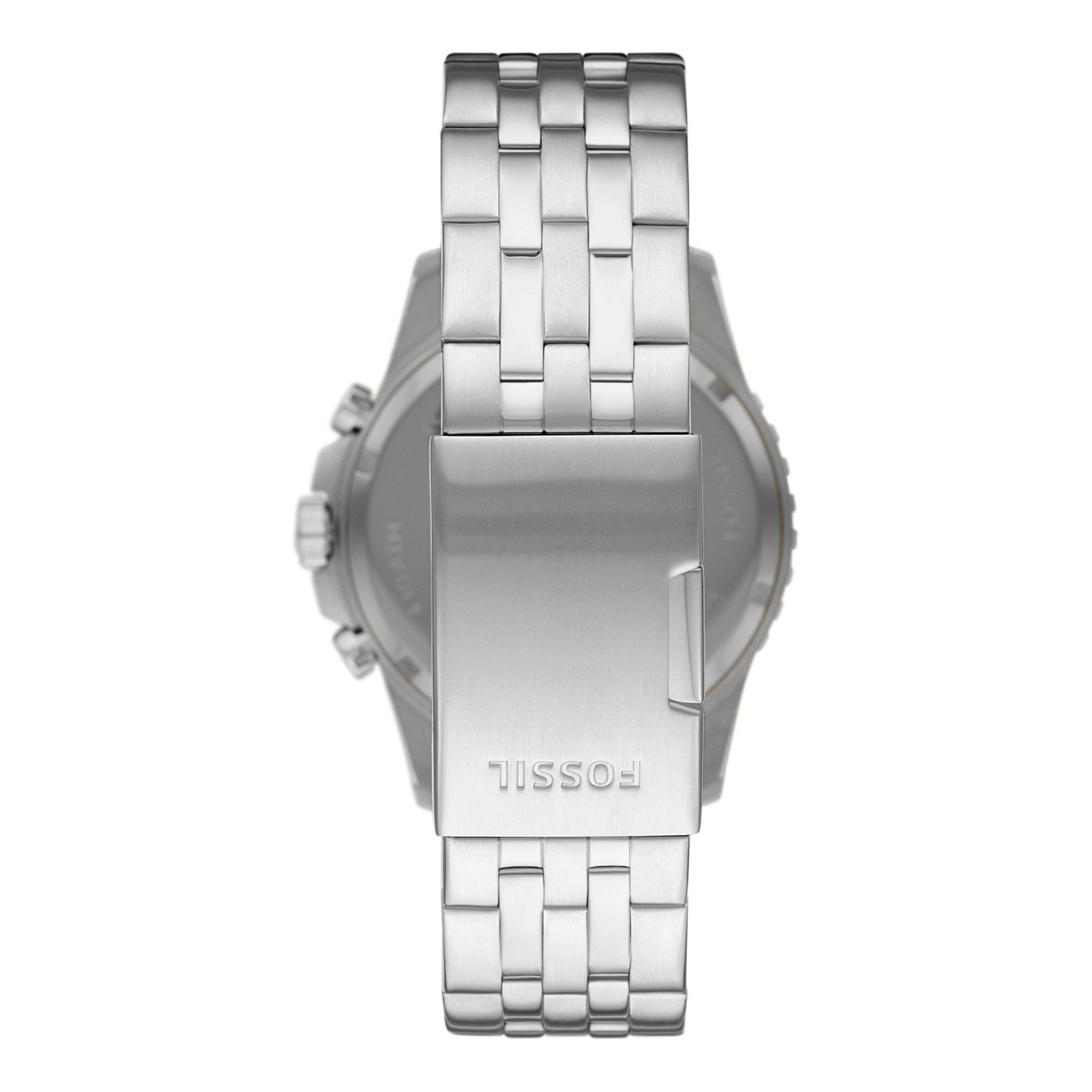 Fossil FB-01 stainless steel caseback with engraved Fossil branding and bracelet