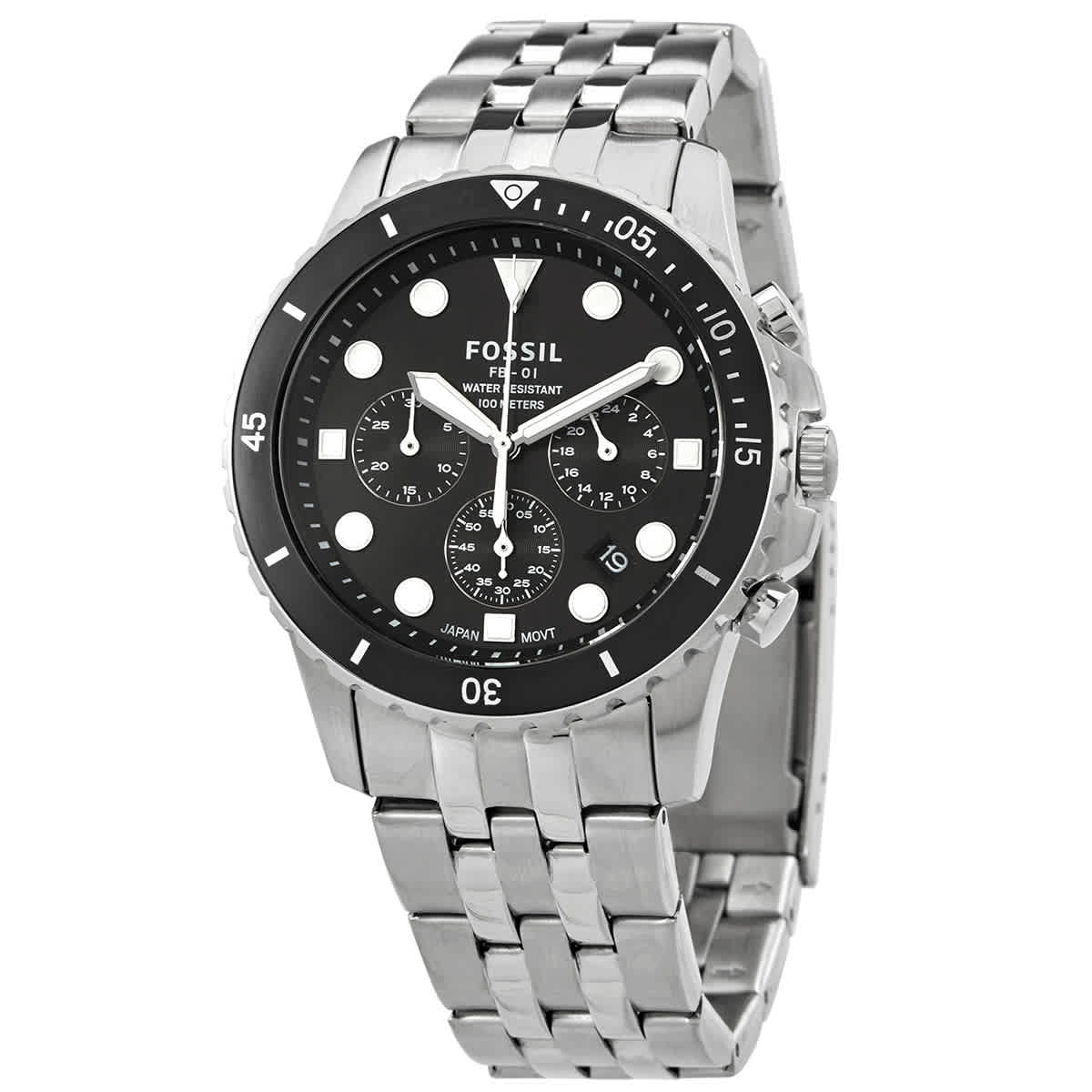 Fossil FB-01 chronograph watch with black dial, silver stainless steel case and bracelet, white hour markers