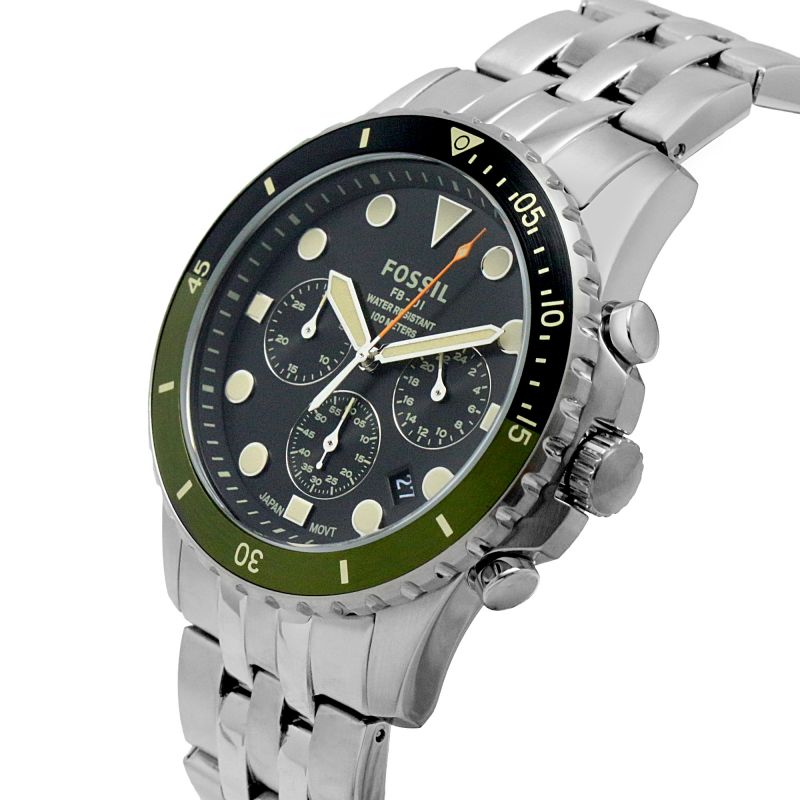 Fossil FB-01 FS5864 men's chronograph watch angled view showing silver bracelet and green bezel detail