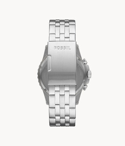 Fossil FB-01 FS5864 watch caseback view showing silver stainless steel back and silver bracelet
