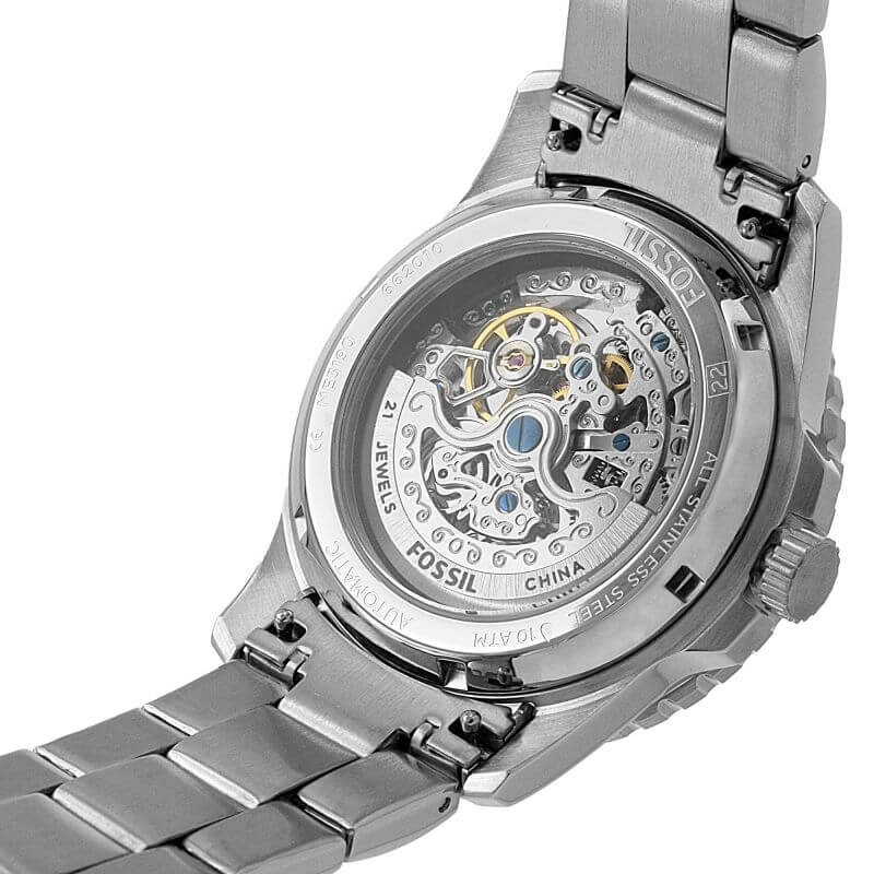Fossil FB-01 ME3190 caseback showing skeleton movement and transparent case back