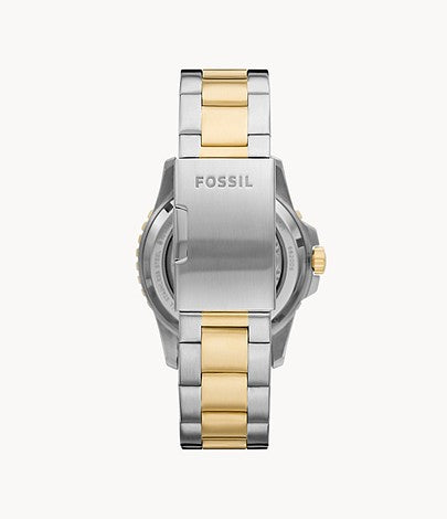 Back view of Fossil FB-01 watch case with stainless steel and gold-tone center links