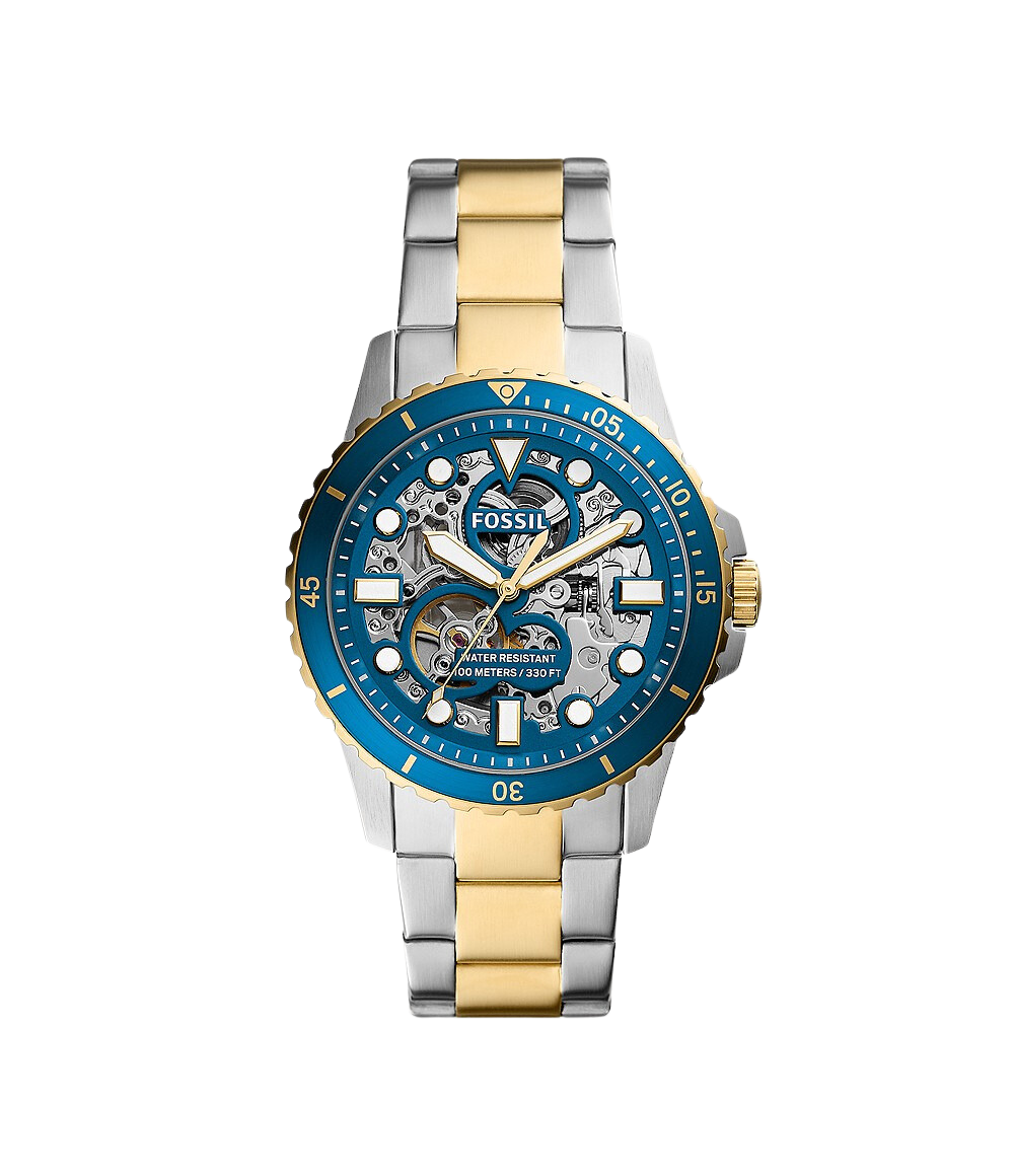 Fossil FB-01 automatic two-tone men's watch with blue dial and skeleton movement visible