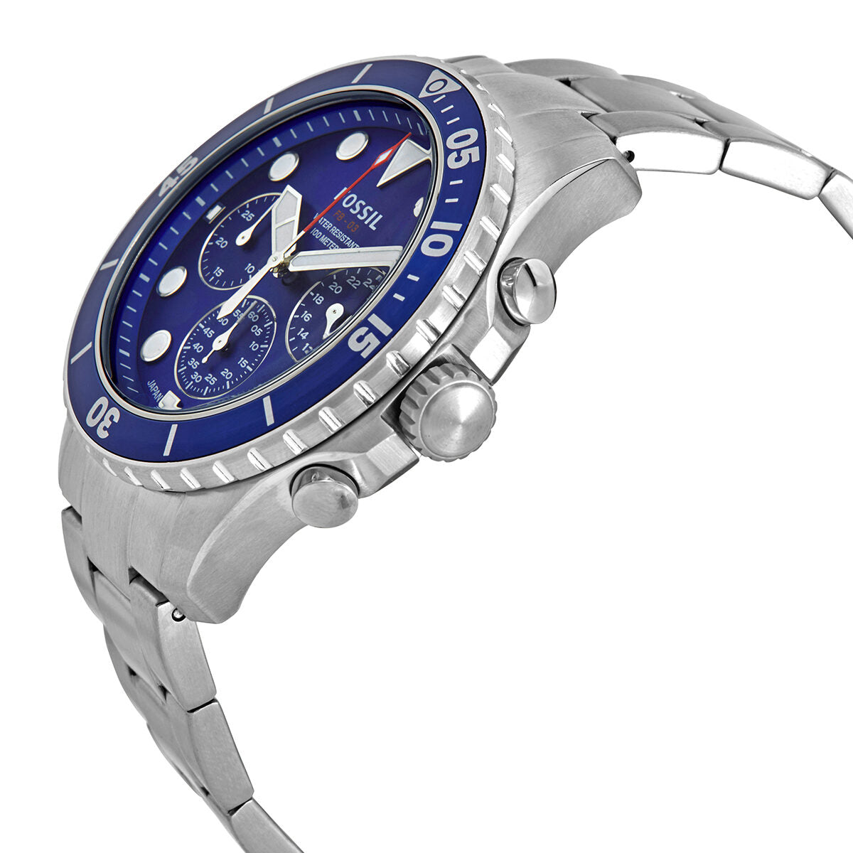 Side angle view of Fossil FB-03 chronograph watch showing stainless steel case and bracelet with blue dial