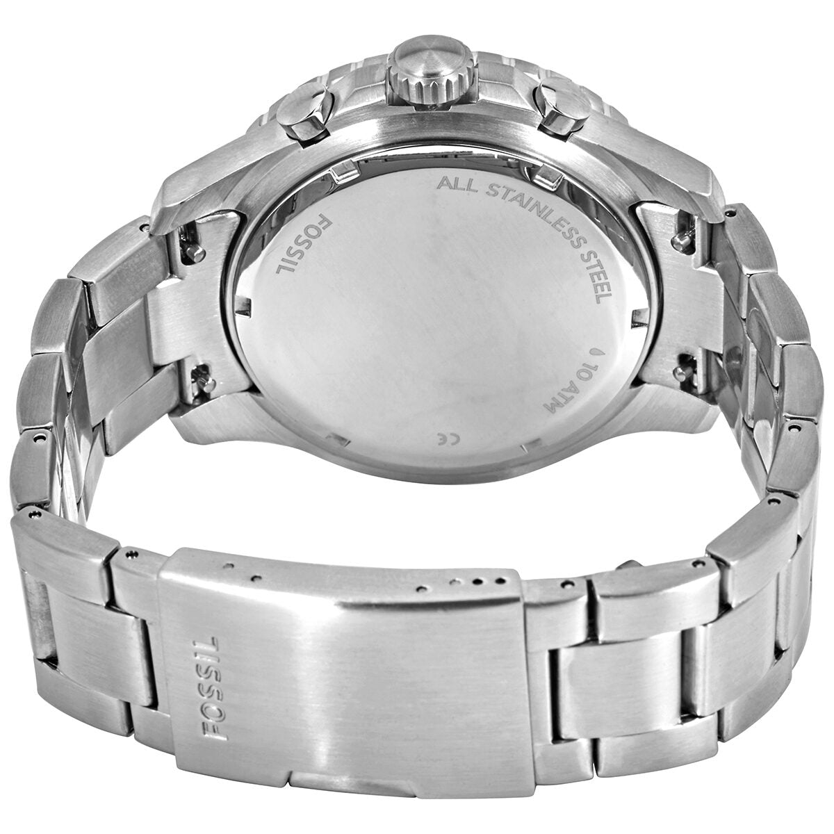 Back caseback view of Fossil FB-03 chronograph watch showing stainless steel case with engraved text