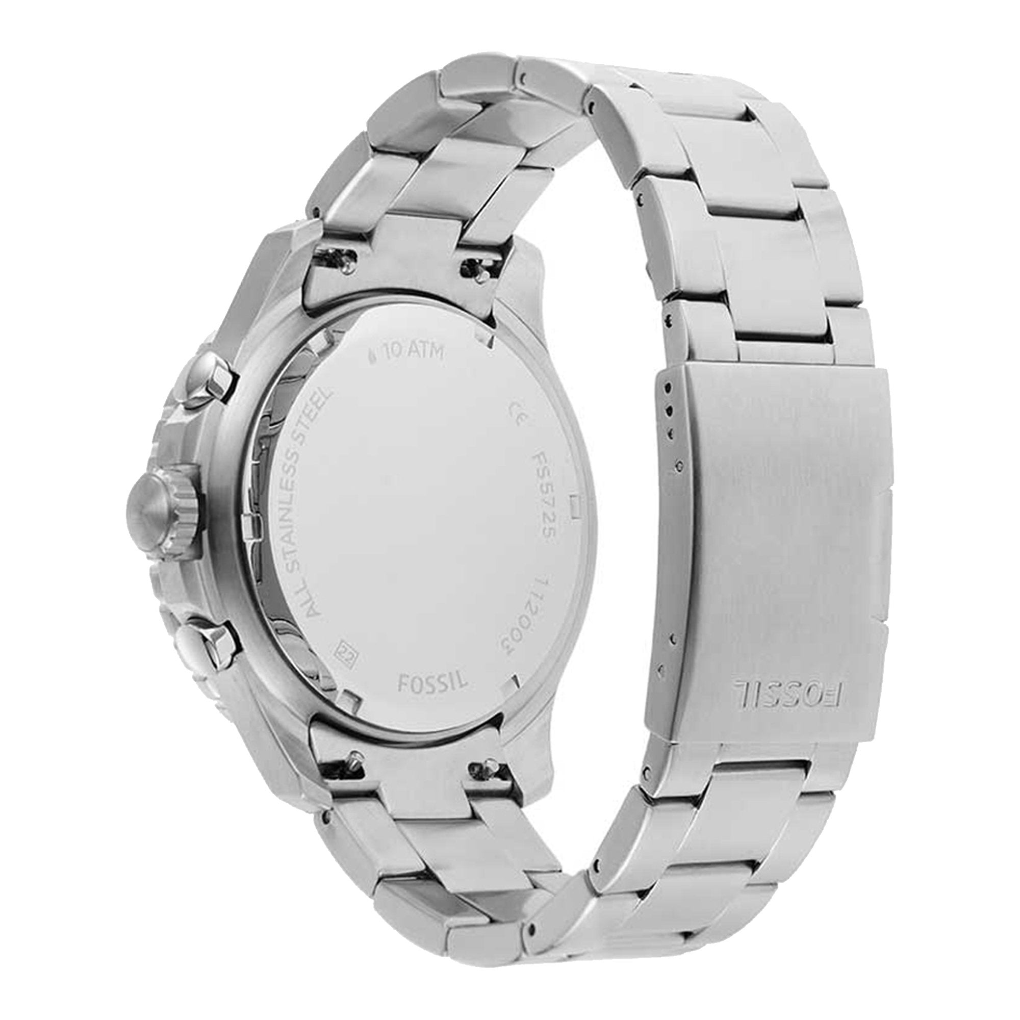 Case back view of Fossil FB-03 watch with stainless steel bracelet