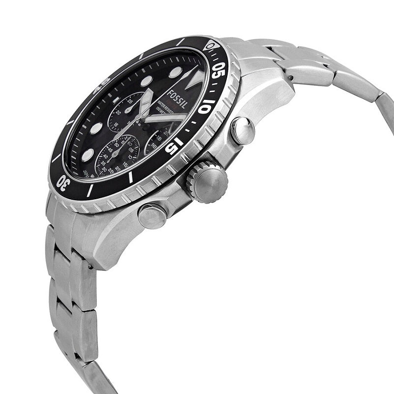 Side view of Fossil FB-03 watch showing stainless steel bracelet and chronograph pushers