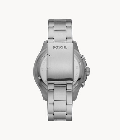 Fossil FB-03 watch caseback showing stainless steel bracelet and Fossil branding