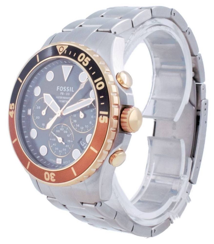 Side angle of Fossil FB-03 showing root beer bezel, black dial, and stainless steel bracelet