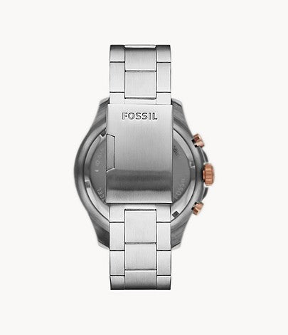 Fossil FB-03 caseback showing stainless steel bracelet and crown details