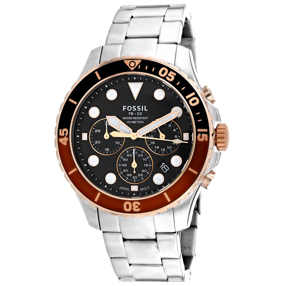 Fossil FB-03 chronograph watch with black dial, root beer bezel, and silver stainless steel bracelet