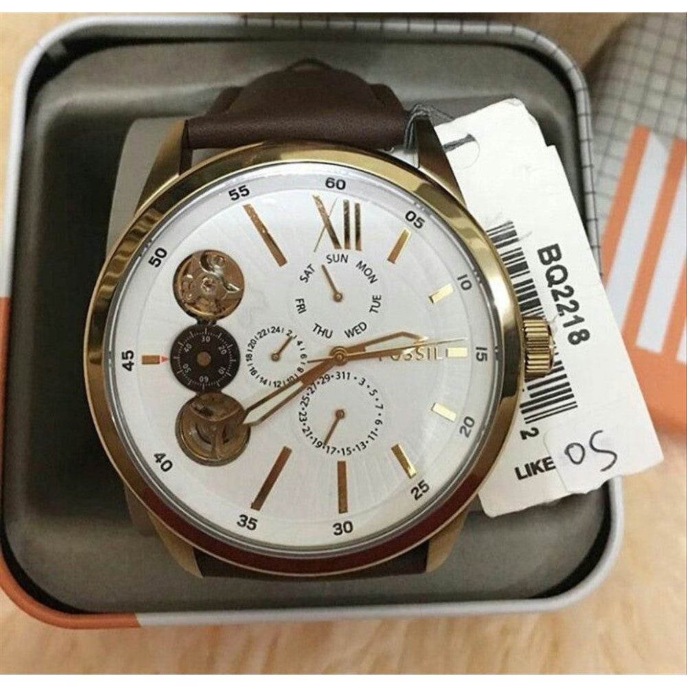 Fossil Flynn BQ2218 watch in retail box with brown leather strap and product tag