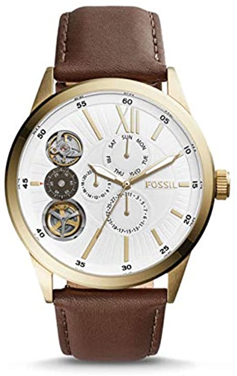 Fossil Flynn men's watch with white dial, open heart mechanical display, and brown leather strap