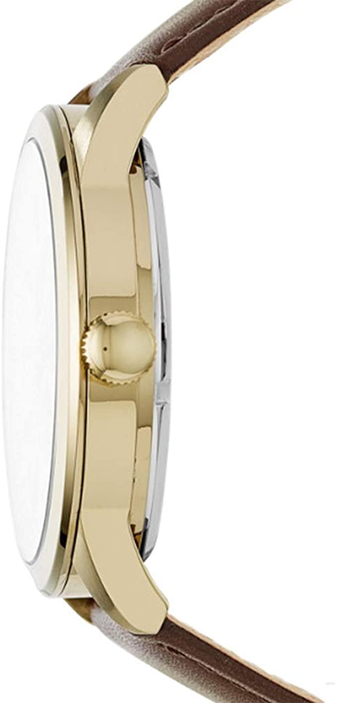 Fossil Flynn watch side view showing gold-tone case and brown leather strap