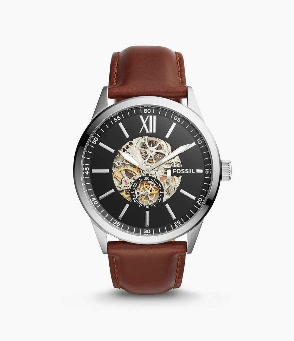 Fossil Flynn men's watch with brown leather strap and skeleton automatic movement on black dial