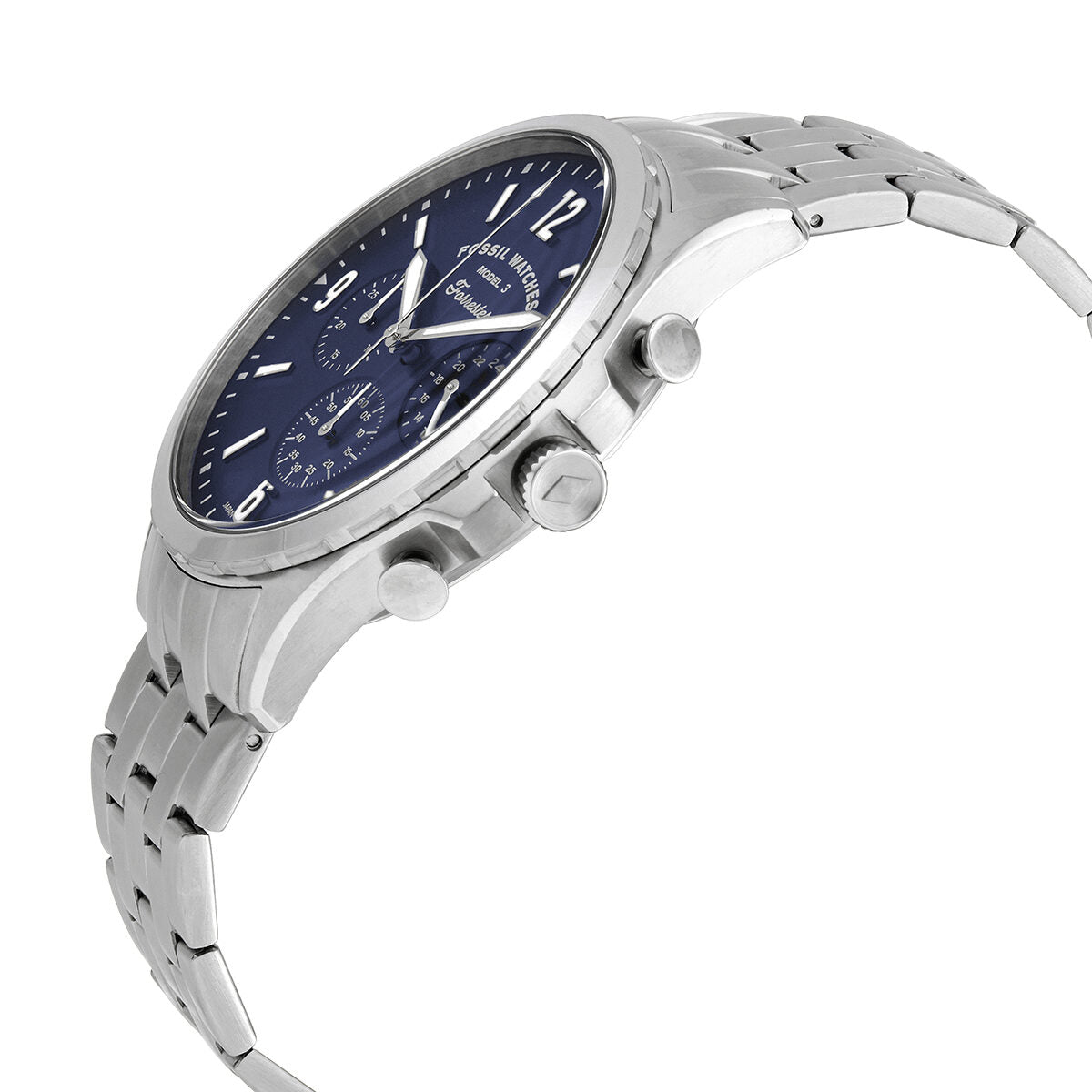 Fossil Forrester chronograph watch angled view showing blue dial, three sub-dials, silver case and metal bracelet with chronograph pushers