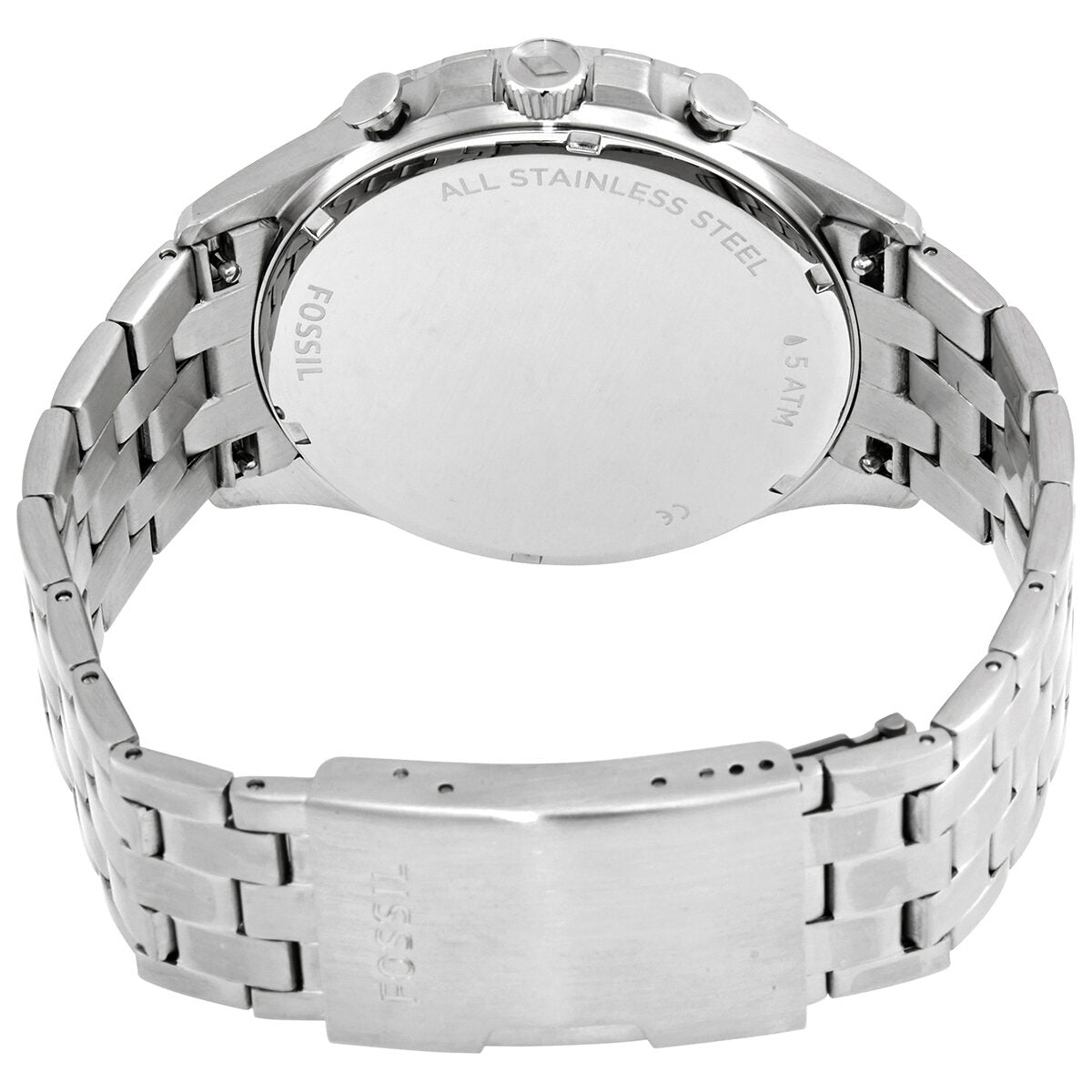 Fossil Forrester FS5605 stainless steel case back engraved with model details and 'All Stainless Steel' text