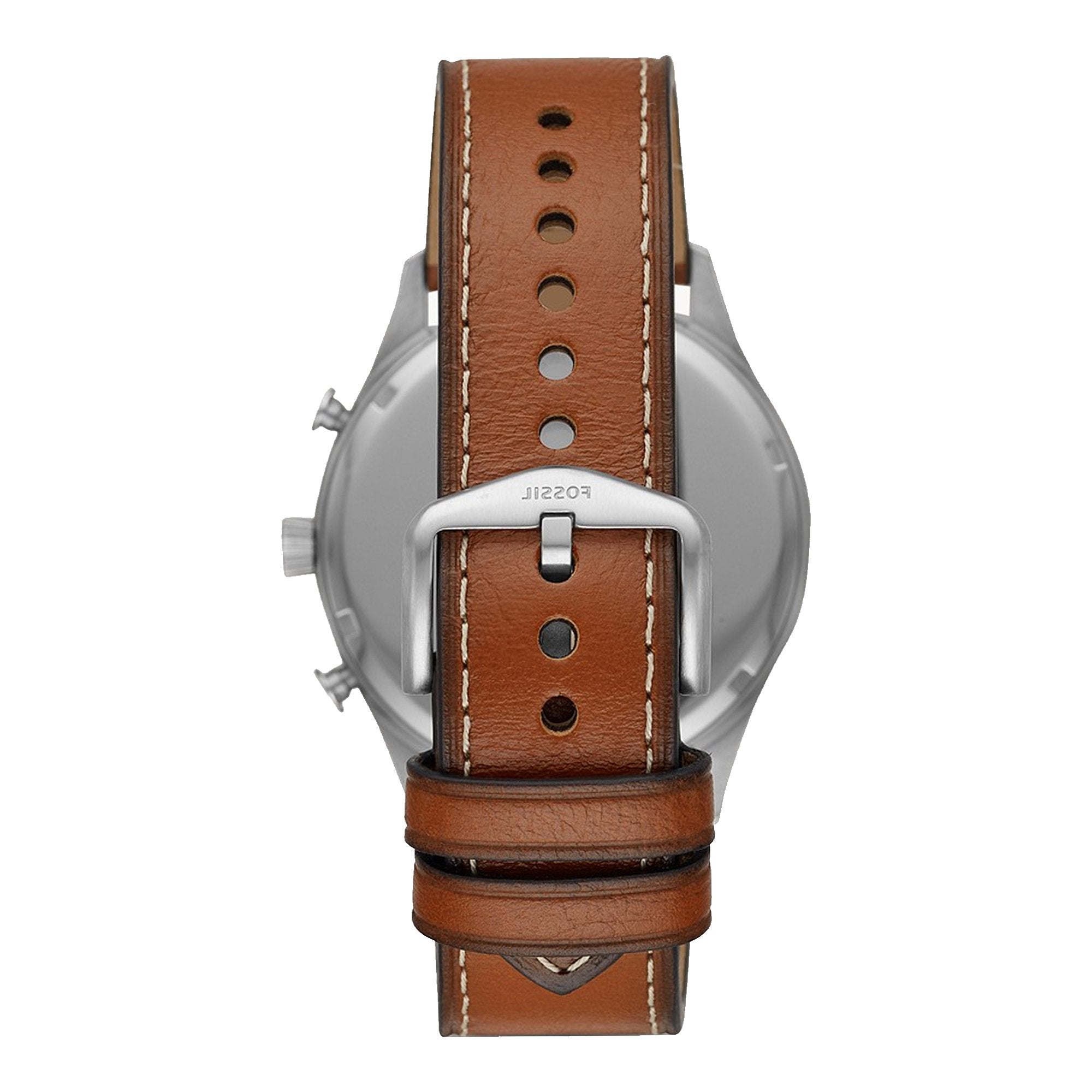 Caseback view of Fossil Forrester watch showing brown leather strap and buckle