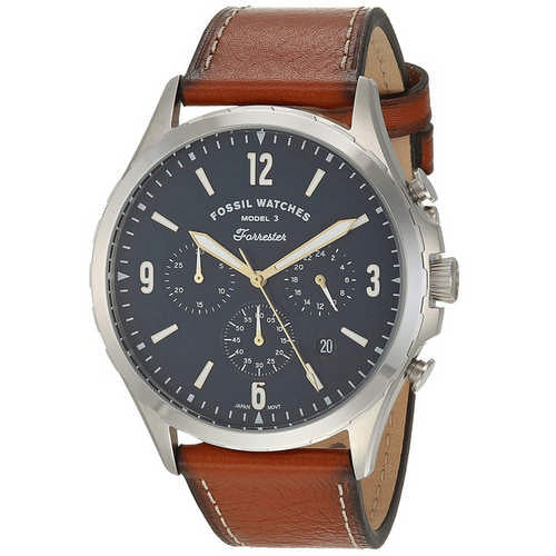 Fossil Forrester chronograph watch with blue dial, silver case, brown leather strap