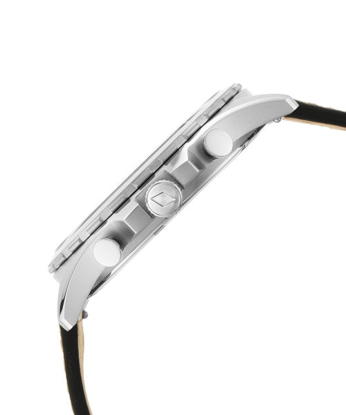 Side profile of Fossil Forrester chronograph showing stainless steel case and chronograph pushers