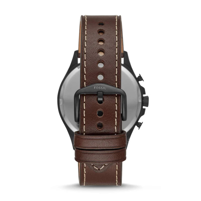 Back view of Fossil Forrester watch showing brown leather strap with white stitching and stainless steel caseback