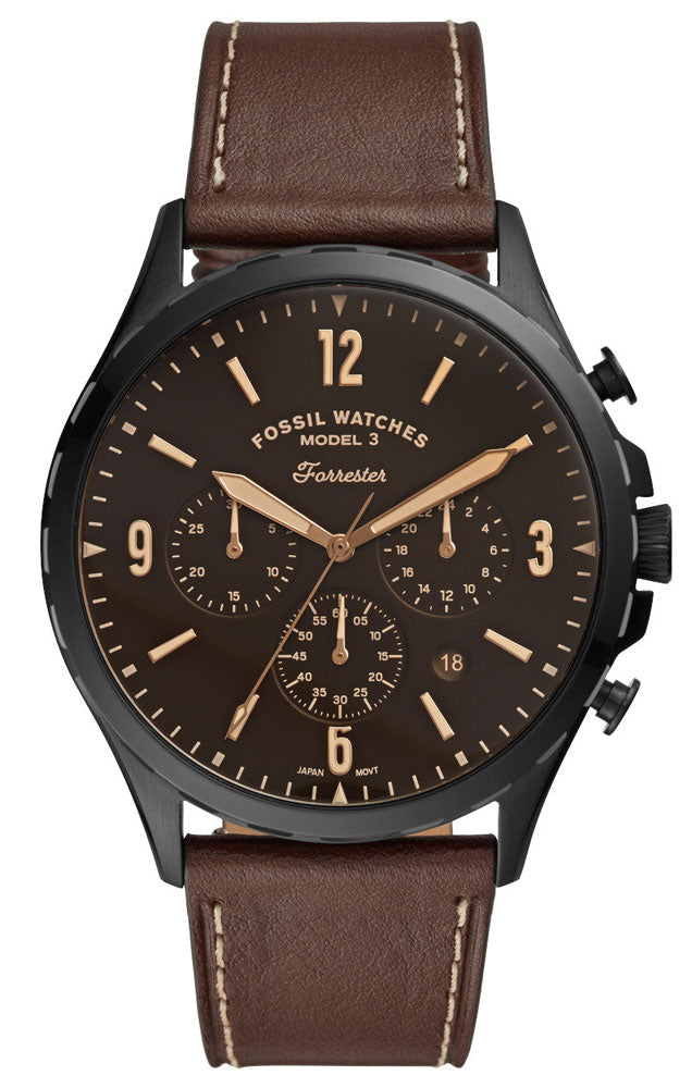 Fossil Forrester chronograph watch with black dial, rose gold hour markers and hands, brown leather strap