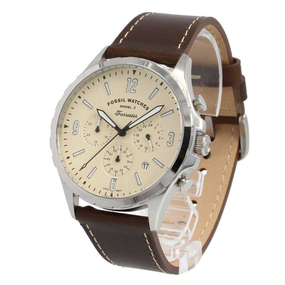 Fossil Forrester FS5696 watch side view showing brown leather strap and case profile