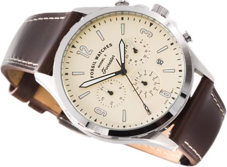 Fossil Forrester FS5696 chronograph watch with tan interior strap visible and cream dial