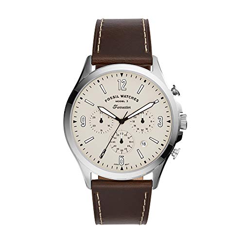 Fossil Forrester FS5696 watch at 45-degree angle showing chronograph subdials and cream dial