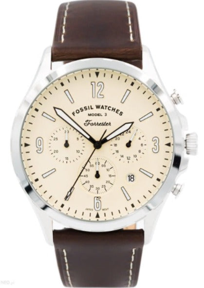 Fossil Forrester FS5696 cream dial chronograph watch with stainless steel case and brown leather strap