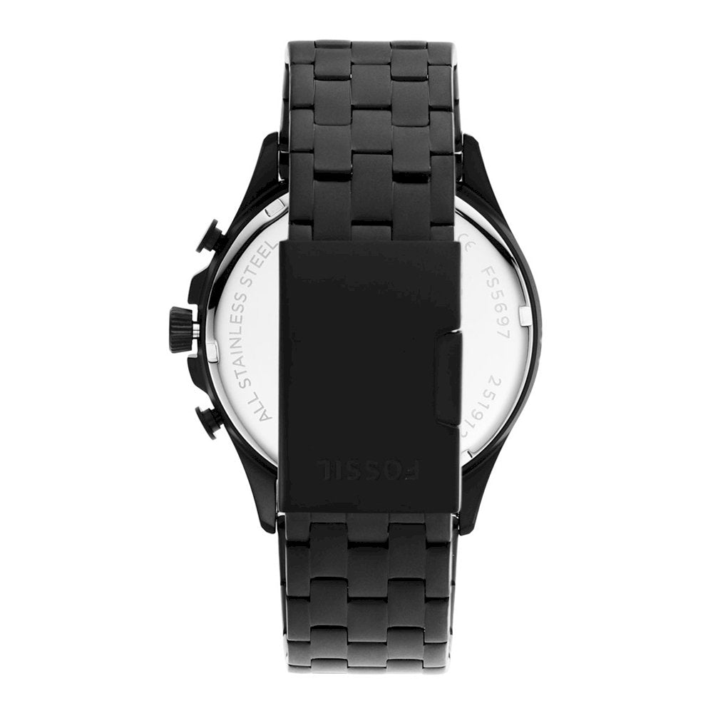 Back of Fossil Forrester chronograph watch showing transparent case back and black stainless steel bracelet