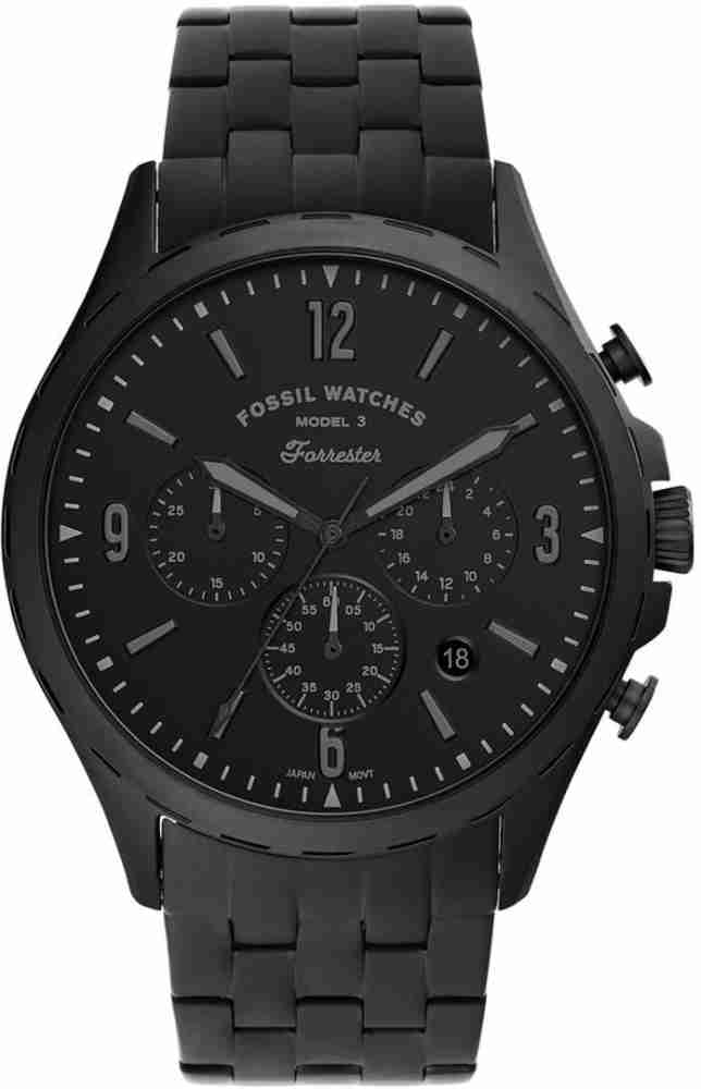 Fossil Forrester chronograph watch with black dial, stainless steel case and bracelet, multiple subdials, and date window