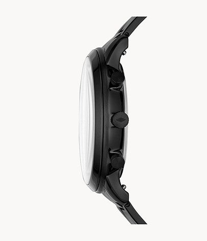 Side profile of Fossil Forrester chronograph watch showing black stainless steel case and bracelet
