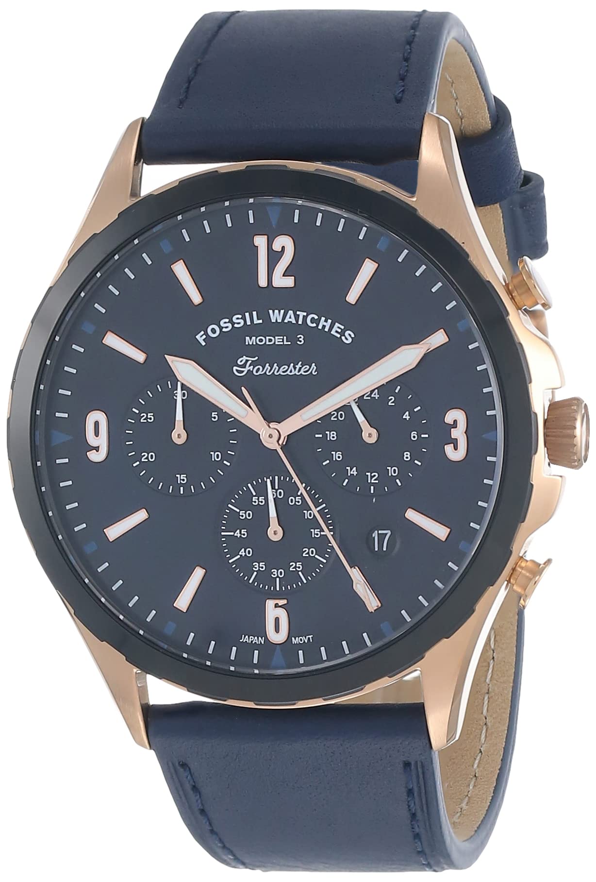 Fossil Forrester FS5814 chronograph watch showing three subdials and applied hour markers