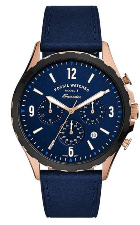 Fossil Forrester chronograph watch with blue dial, rose gold case, and navy leather strap