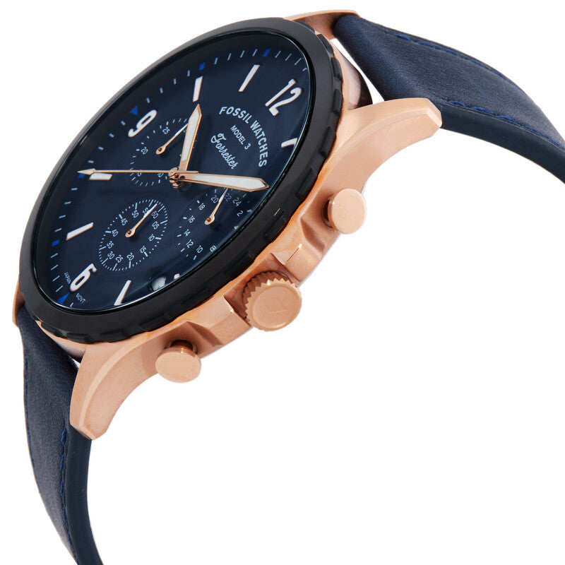 Fossil Forrester FS5814 chronograph showing blue dial with date window and three subdials