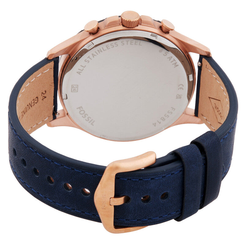 Fossil Forrester FS5814 caseback showing stainless steel construction and model details