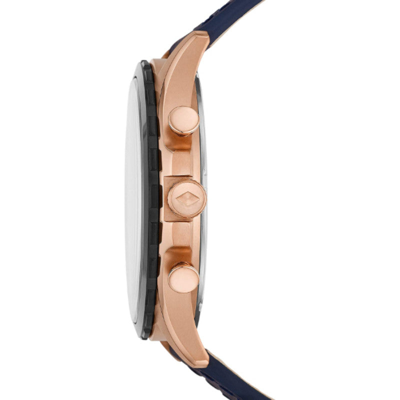 Side view of Fossil Forrester FS5814 showing rose gold case profile and chronograph pushers