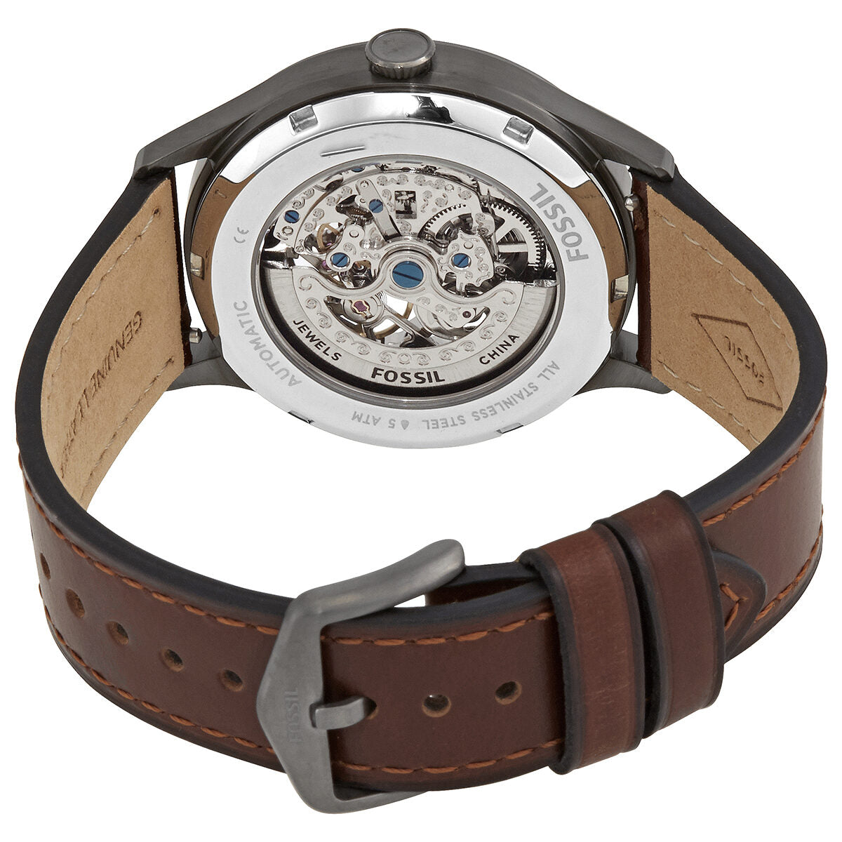 Fossil Forrester watch caseback displaying visible skeleton movement and transparent exhibition case back