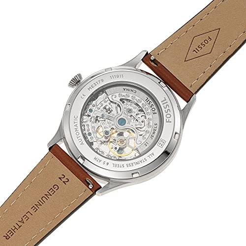 Fossil Forrester caseback showing skeleton movement and engraved caseback text
