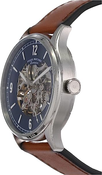 Side view of Fossil Forrester watch showing thin profile and leather strap
